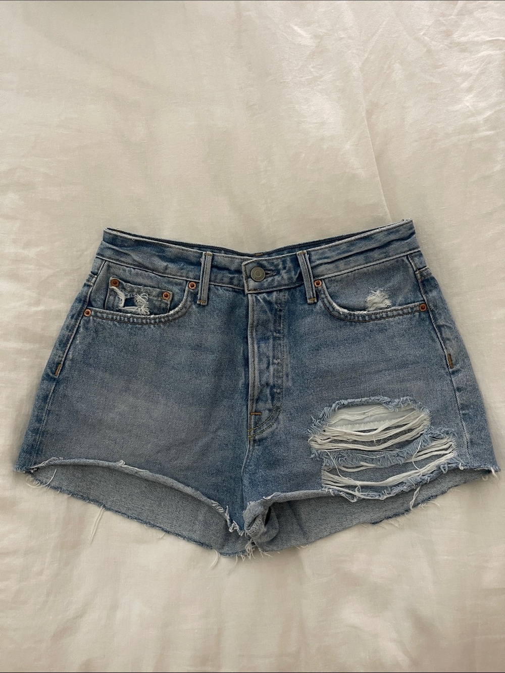 Classic Light Blue Distressed Denim Shorts - Women's